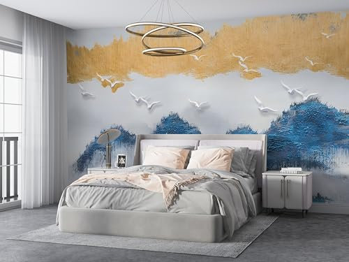 Papier Peint Panoramique Japonais Cerisier Fleur 200cm x 140cm Peinture Montagne Intissé Wallpaper Mural Salon Chambre Bureau Décor Motif Personnalisé Décoration Murale Rose blanc A-180