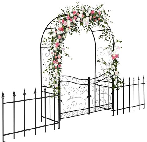 LEADZM Rosenbogen mit Tür und Zaun – 348x58x220 cm – Stabile und wetterfeste Metall-Rosenbogen für Kletterpflanzen, Garten und Hochzeit, Schwarz