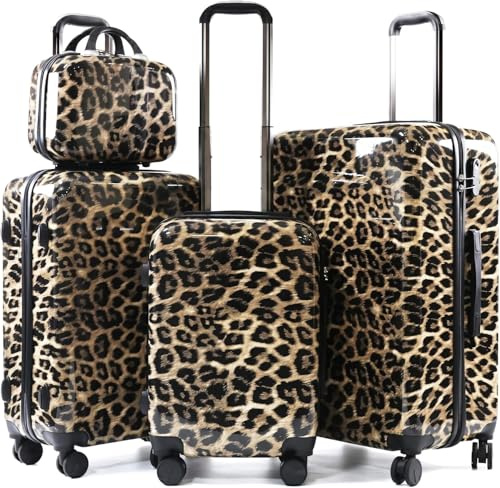 SUREVOY Leopardenmuster Gepäckset 2-teilig (20 Handgepäck + 14 Handtasche) - Hartschalen-Koffer mit Zahlenschloss, 360° Leisen Rädern & Glänzender Oberfläche (Braunes Leopardenmuster（14+20+24+28）)