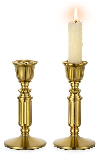 Vintage Kerzenständer kerzenhalter Stabkerzen Messing - Romadedi 2er Set Hoch Kleine Stabkerzenhalter Gold für Retro Antik Tischdeko Hochzeit Wohnzimmer Weihnachten Party Adventskranz Deko