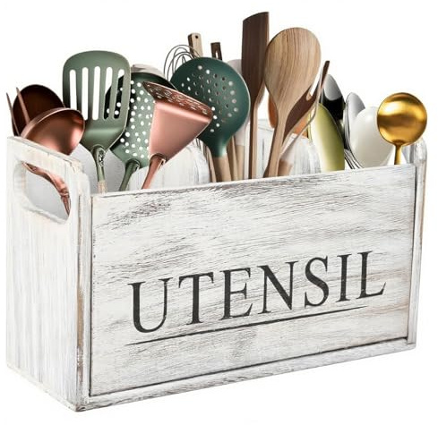 Soporte para utensilios de madera con 3 compartimentos con estante de drenaje y asa, color blanco rústico para organizar utensilios de cocina, almacenamiento de utensilios de cocina, soporte para