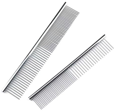 Pets Grooming Combs, 2 PCS Stainless Steel Pet Combs, Metal Pet Comb with Rounded Teeth, Fur Detangling Tool for Pets, Pets Grooming Comb for Dogs Cats with Tangled Short/Long Hair - Silver