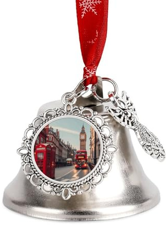 Christmas Ornament Red London Street Bells DIY Silver Jingle Bell with Red Ribbon for Xmas Tree Dual Pendant Charm for Home Craft Mantel Wreath Indoor & Outdoor Holiday Decorations