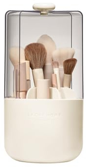 EACHY Soporte para brochas de maquillaje con tapa, organizador giratorio de brochas de maquillaje, color beige