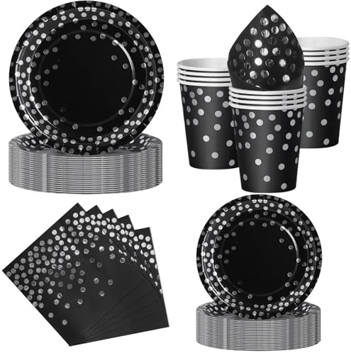 Nkaiso Paper Plates and Cups and Napkins Set, 50 Piece Black and Silver Party Tableware, Disposable Plate Napkins Cups Dinnerware Party Supplies for Birthday BBQ Picnic Decorations