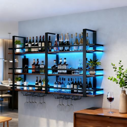 Wall Mounted Wine Rack with LED Light, Metal Liquor Bottles Display Shelf, Floating Shelves Display Storage Organizer, Large Wall Bar Shelves with Wine Glass Holder for Home Cellar (black, 160cm)