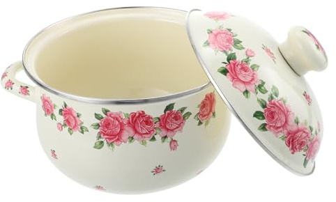 TOVINANNA Olla de Esmalte Esmaltada Retro Doble Asa y Tapa, 20 Cm, Color Rosa Diseño de Flores, para Sopa y Estofado, Utensilio de Cocina Resistente a Ácidos y Fácil de Limpiar