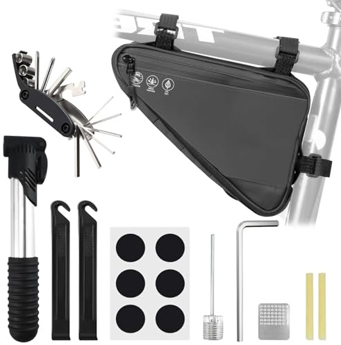 2L Bike Frame Storage Bag with Water Resistant Reflective ,Bike Tire Repair Tool Kit,Mini Bike Pump,16 in 1 Multitool & Bicycle Tyre Lever Patch Repair Tool Accessories Set for Mountain Road Bike, MTB