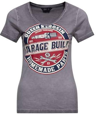 Queen Kerosin Damen Oil Washed T-Shirt Mit Auffälliger Frontprint Garage Built