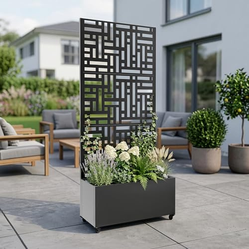 casa.pro Blumenkasten mit Sichtschutz Bernalda Rankgitter Metall Balkon Pflanzkübel hoch 190 x 82 x 38 cm Trennwand mit Rollen Anthrazitgrau