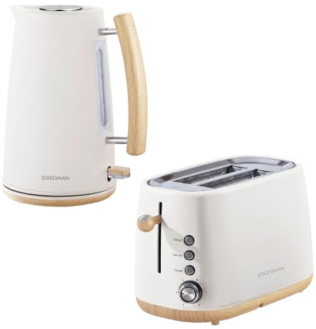 Statesman 1.7L Scandi Kettle and 2 Slice Toaster, Cream | 3000w Kettle, 360° Cordless Base, Water Level Window, 6 Browning Levels, Defrost, Reheat and Cancel Functions