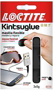 Loctite Kintsuglue, masilla flexible negra para reparar, reconstruir y proteger objetos, masilla adhesiva moldeable, adhesivo impermeable y removible, 3 x 5 g