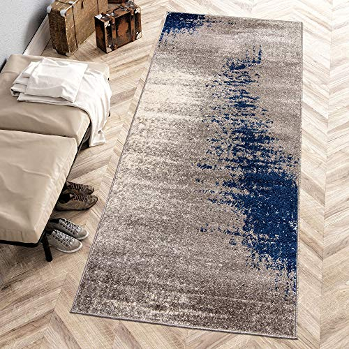 Carpeto Rugs Modern Läufer Flur Teppich Abstrakt Muster - Kurzflor Teppichläufer für Flur, Küche, Schlafzimmer, Esszimmer - Flurläufer in Versch. Größen und Farben - Grau Dunkelblau 80 x 200 cm