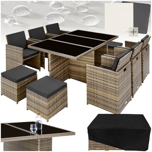 tectake® Salon de Jardin Exterieur en Résine Tressée Poly Rotin Salon de Jardin Table 10 Personnes Fauteuil Exterieur Encastrable Aluminium, 2 Sets de Housses + Housse de Protection – Marron Naturel