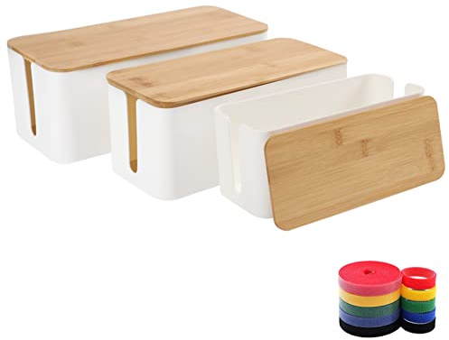 Kabelmanagement-Box-Organizer, Set mit 3 Bambus-Deckel-Aufbewahrungskabeln, Halter zum Verstecken von Überspannungsschutz, Steckdosenleisten und Kabeln, TV, USB-Hub