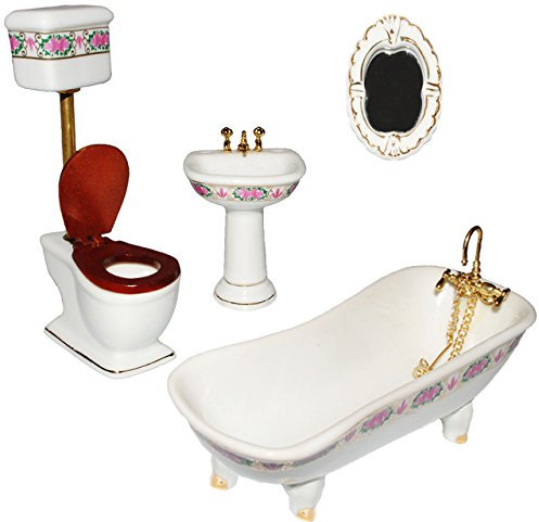 alles-meine.de GmbH 4 TLG. Set: Badezimmer - Bad Möbel - Maßstab 1:12 - Porzellan/Keramik - Nostalgie - Miniatur für Badezimmer - Zubehör - Badewanne - für Puppenstube - Puppen..