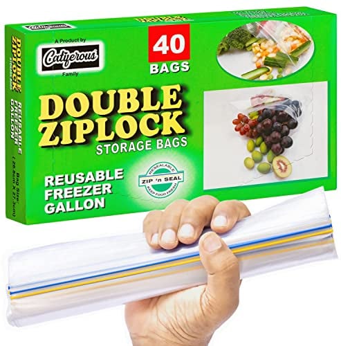 Catiferous 40 x Premium Food Storage Freezer Bags, Large UK Gallon Size 4.55L in Reusable Heavy Duty Plastic, BPA Free, Airtight and Leak proof Bamboo Seal | Gallon /4.55L - 40 bags