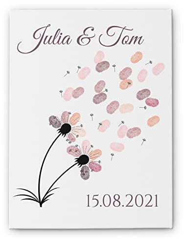 Fingerabdruck Leinwand Hochzeit - tolle Alternative zum Gästebuch - Hochzeitsleinwand Pusteblume für Fingerabdrücke der Gäste - optional mit Stift und Stempelkissen - süße Fingerabdruck-Bilder