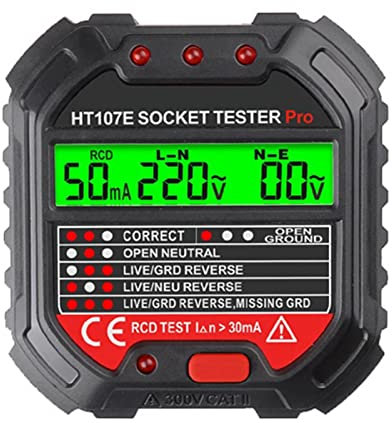 Prise HT107B - Testeur Prise GFCI avec Affichage la Tension Tension polarité Circuit Automatique 90-250V pour Usage Domestique et Professionnel