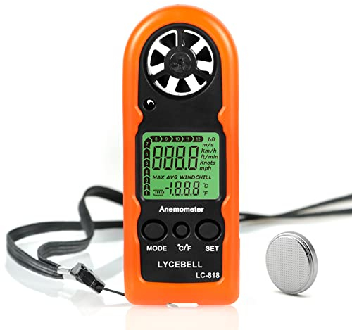 LYCEBELL Anemometro Portatile, LC-818 Mini Anemometro Digitale, Misurare la Velocità/Temperatura del Vento, con Retroilluminazione e Spegnimento Automatico per Drone Vela Pesca Meteorologia