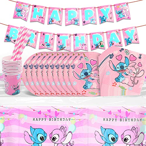 Ensemble de Vaisselle de Fête, Lilo Stitch Fournitures de Fête d'anniversaire pour Enfants, Kit de Vaisselle d'anniversaire, Décorations de Fête d'anniversaire, Assiettes, Tasses, Serviettes (Rose)