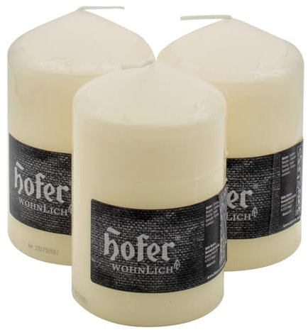 Hofer Stumpenkerzen, 3 Stück Säulenkerzen Set, dim. 80x130 mm, Farbe Elfenbein, Lange Brenndauer ca. 48 Stunden, Durchmesser 80 mm, Höhe 130 mm, Hergestellt in Österreich