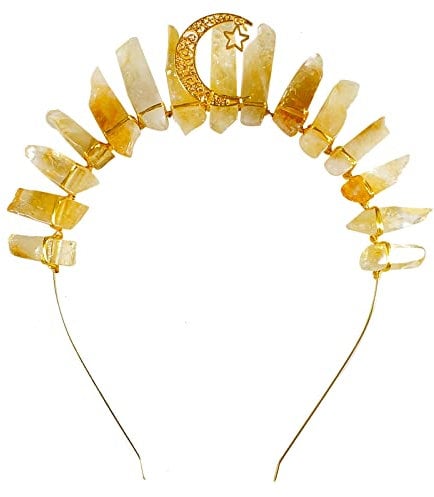 Soulnioi Natural Citrine Headband Gold Wire Wrap Golden Moon with Stars Irregular Citrine Pillars Crown Headband for Gift of Party Birthday