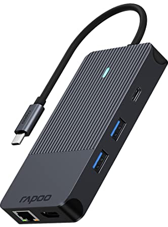 Rapoo UCM-2005 USB-C Multiport Adapter 10-in-1, 100W Power Delievery, 2x 4K HDMI, 1 Gbps LAN, 1 USB-C und 2 USB-A 3.0 Datenports, Micro SD / SD Speicherkartenleser, AUX