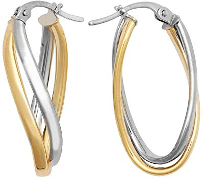 Jewelco London Ladies 9ct Yellow and White Gold Wavy Double Interlocked Oval Hoop Creole Earrings