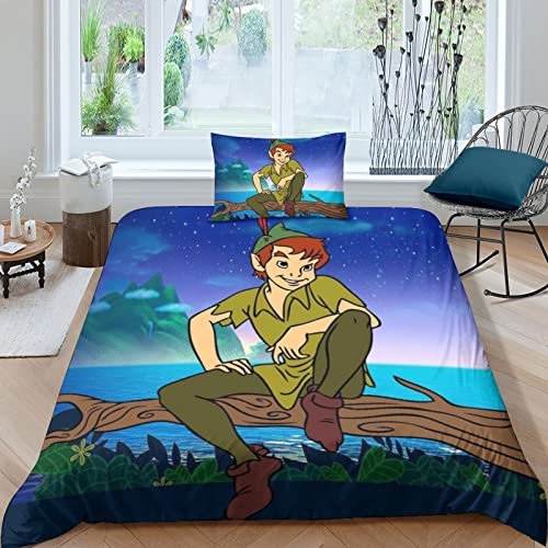 FGAITH 3D Peter Pan Bettwäsche Set Kinder Bettbezug Set Animation Betten Set Für Kinder Mädchen Jungen Ultraweiche Mikrofaser Bettbezüge Set, Niedlich Single（135x200cm）