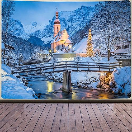 Aidatain Winter Europäischer Wandteppich – Bayerische Alpen, schneebedeckter Berg und österreichische Dorflandschaft, Größe 203,2 cm L x 152,4 cm B, Kunst-Tapisserie für Wohnzimmer und Schlafsaal