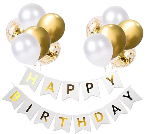 Luftballons Geburtstag Dekoration Set, weiße Gold Geburtstagsdeko Happy Birthday deko Banner Party Deko Geburtstag Set mit weiße Gold Luftballons Konfetti Ballons(WH+G)