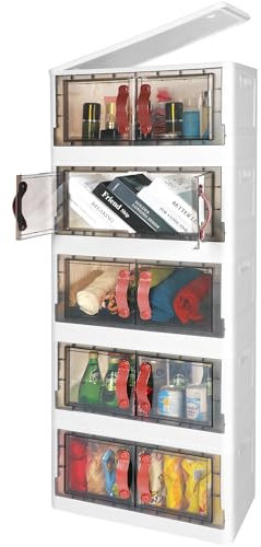 YSSOA Kunststoff-Aufbewahrungsbehälter 5 Ebenen 200L, Stapelbare Behälter, Stapelboxen Aufbewahrungsbox mit Deckel & Rollen, Stapelboxen Faltbar, Kisten Aufbewahrung, 5x40L