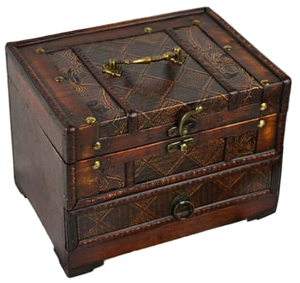 LOVIVER Holz-Schmuckkästchen, Retro-Schmucktruhe mit Schublade, Mama-Geschenke, 3-lagige dekorative Aufbewahrungsbox, antiker Schmuckkästchenhalter, Stil D