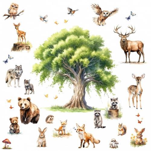 247 Wandtattoo Waldtiere Aquarell Baum Kinderzimmer Wanddeko Größe 1250 x 700 mm