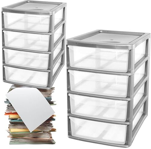 A4 Desktop Plastic Storage Drawers Table Top Organiser 4 Pull Out Drawers Storage Tower Unit For Home, School, Office, Bedroom & Living Room (2, Silver)