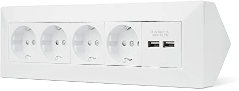 Möbel-Steckdose 4-fach 2x USB für Küche und Büro - Ecksteckdose in weiß aus hochwertigem Kunststoff ideal für Arbeitsplatte, Tischsteckdose oder Unterbausteckdose mit 4-Steckdosenelement