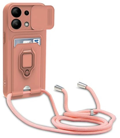 Dllatui Funda Compatible con Xiaomi Redmi Note 13 4G,Cuello Cordón Carcasa Silicona Suave,Ranura con Tarjetas,Carcasa Cubierta cámara Deslizante Proteger, Anillo Soporte (Pink)