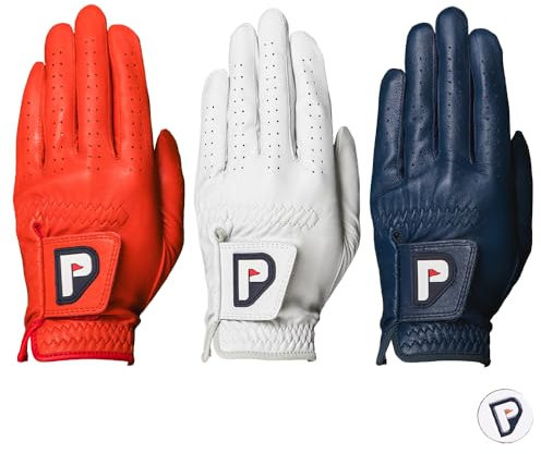 PUR3 Herren-Golfhandschuh Cabretta-Leder, ultraweich, 3er-Pack (rot, blau und weiß), mit Ballmarker für Rechts- und Linkshänder (klein, auf der linken Hand getragen (für rechte Golfer))