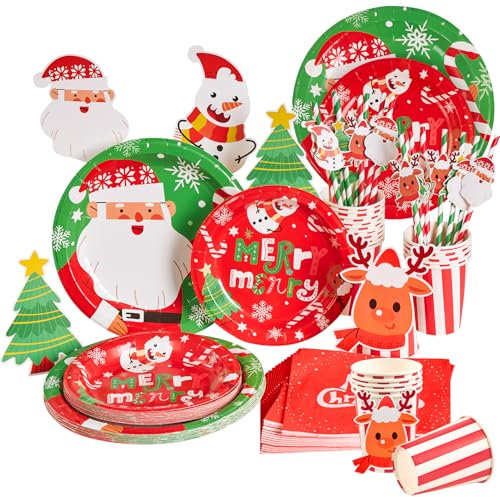 EASY JOY Weihnachten Partygeschirr Weihnachts Pappteller Servietten Pappbecher Papier Pipette Weihnachtselch Weihnachtsbaum und Weihnachtsmann Deko Weihnachten Geschirr Set für Party Deko(16 Gäste)