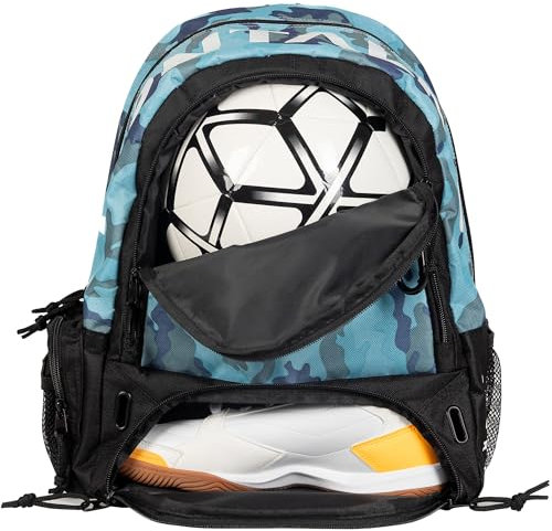 Basketball-Rucksack | Fußballrucksack | Ballfach und Schuhregal | für Kinder und Erwachsene | Volleyball, Handball (Camouflageblau)