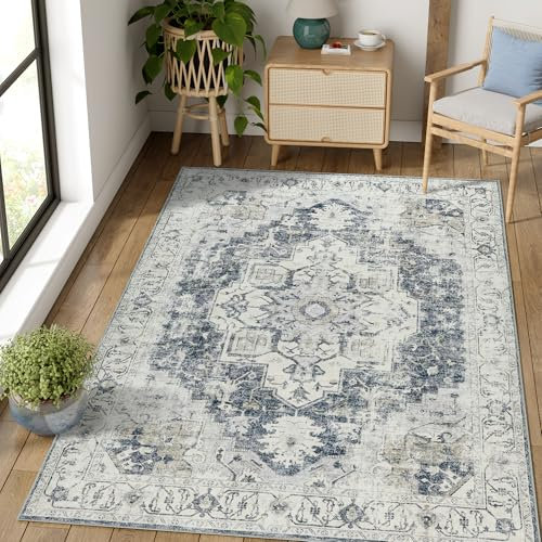 TOPICK Teppich 160x230cm Wohnzimmer Waschbar Kurzflor Retro Grau Blumen Orientalischer Antibakterieller Faltbar Weich rutschfest Dünn Schlafzimmer Kinderzimmer Wohnzimmer Flur