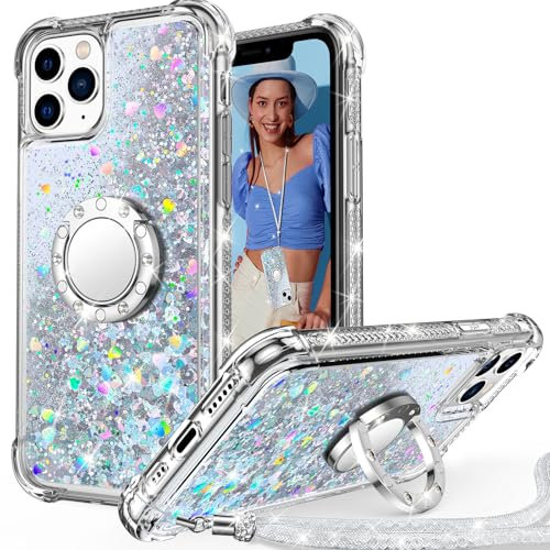 Unlicaku for iPhone 11 Pro Case with Stand, Sparkle Glitter Case with Ring and Lanyard, Women Girls Luxury Cute Bling Diamond Protective Phone Cover for iPhone 11 Pro, Clear Silver