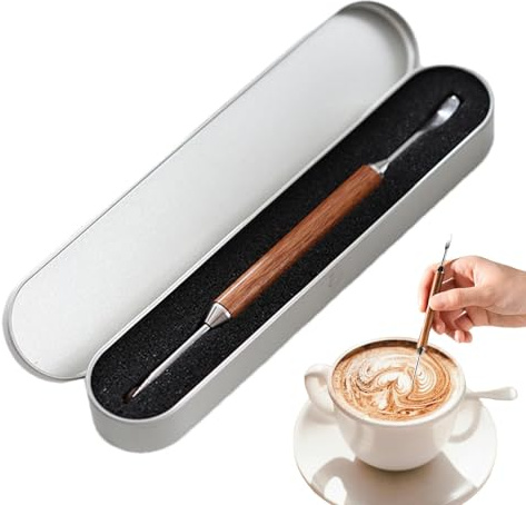 Latte Art Stift, Latte Stift - Espresso Art Pen Tool mit zwei Enden - Edelstahl-Kaffee-Schablonen, Stift, Cappuccino-Spachtel, Nadel mit Holzgriff für Zuhause, Café