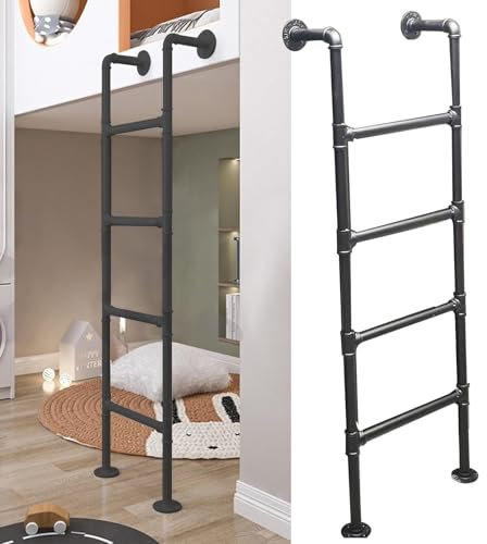 Black Wrought Iron Attic Bunk Bed Ladder Wall/Floor Mounted Metal Step Ladder for Home High Loft Climbing Fire Escape Ladder for Attic Dorm Library Deck RV 110cm/43in