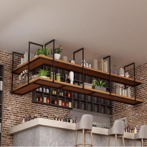 Wooden Floating Decorations Shelves Wall Pot Pan Rack, Ceiling Hanging Shelf with Metal Iron Frame Plant Stand, Kitchen Bar Display Storage Organiser Bookcase(80x30x80cm)
