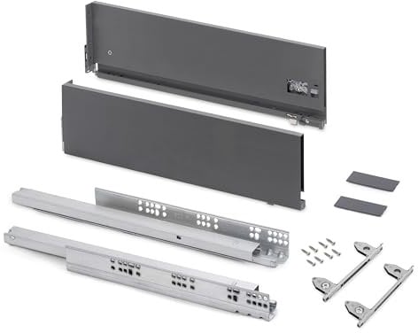 Emuca - Tiroir coulissant cuisine Vertex avec réglages 3D, H178mm, 40kg, épaisseur de panneau de 18mm, profondeur 450mm, Acier, Gris antracite