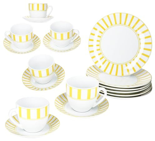 MamboCat Split gelb 18tlg Kaffeeservice I weißes Porzellan-Geschirr mit Streifen für 6 Personen I Je 6X Tassen 200ml, Untertassen & Teller für Frühstück & Kaffee