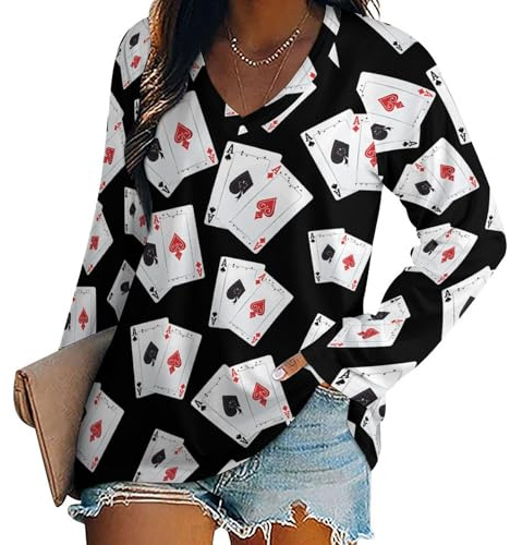Damen T-Shirt mit V-Ausschnitt und Zwei Poker-Spielkarten, langärmelig, Tunika, Top, lockere Passform