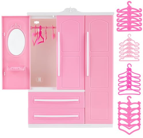 PH PandaHall Rosa Puppenschrank Möbel Plastik Puppe Kleiderschrank Puppe Kleidung Organizer Puppenhaus-Schrank mit 40 Stück Puppenbügeln 4 Style Pinke Plastikbügel für Puppenhausmöbel Zubehör Geschenk